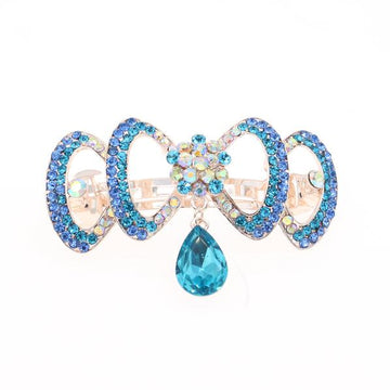 Gold Finish Rhinestone Hair Barrette Bow with Teardrop Clear